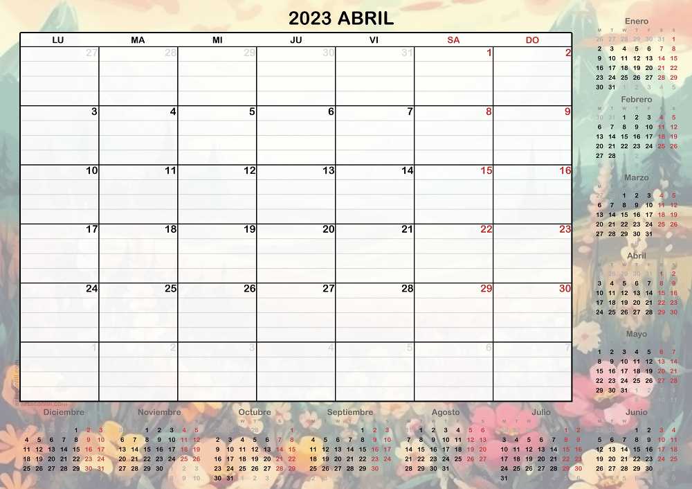 calendario mes de abril 2023 flores paisaje