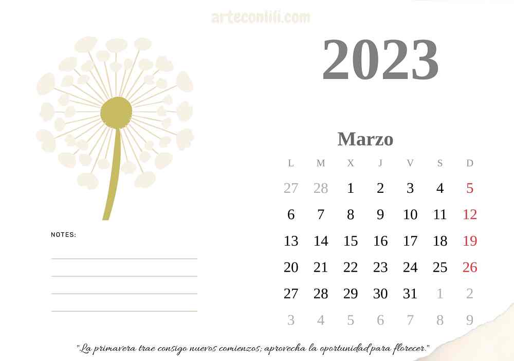 Calendario Marzo 2023